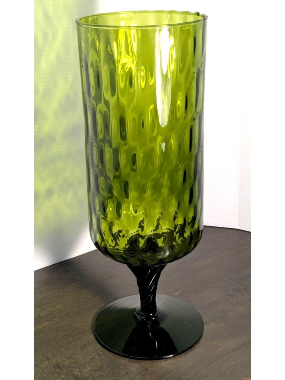 Vtg, MCM Empoli Optic Tall Avocado Green Textured Glass Vase w/ Twisted Stem 13"
